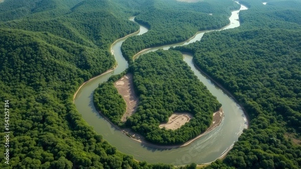 Obraz A winding river delta seen from above cuts through a dense green forest. The natural landscape from above demonstrates the harmony of water and vegetation.