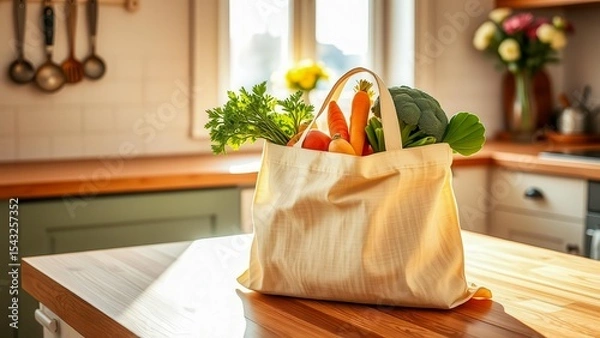 Obraz An eco-bag with farm products on a light kitchen background. A perfect image for themes of ecology, sustainability and organic products. Light and composition emphasize naturalness.