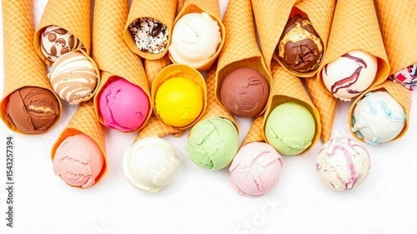 Obraz Assorted ice cream scoops in crispy cones. White background emphasizes color and texture. Suitable for advertising desserts and summer mood.