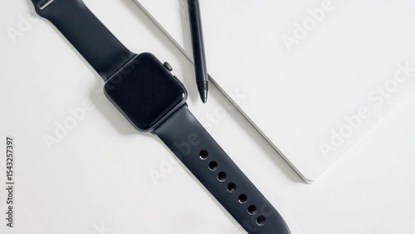 Fototapeta Black smartwatch and stylus lie next to a notepad on a white table. Modern business style. The theme of productivity, planning and digital gadgets.