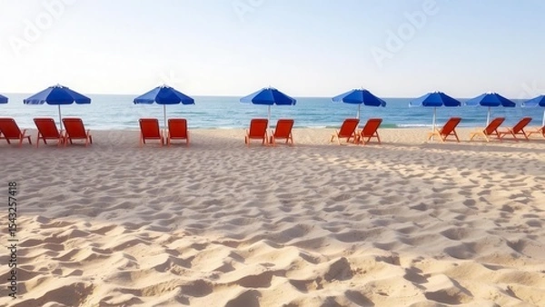 Obraz Bright orange sun loungers and blue umbrellas create a relaxing atmosphere on a sunny sandy beach. The image is perfect for a vacation and seaside theme.