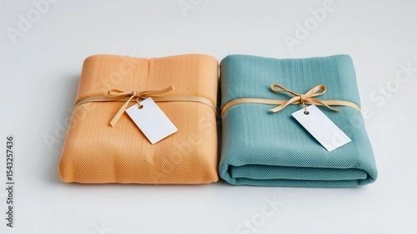 Obraz Two folded towels with a tag and ribbon lie on a light surface. The aesthetic composition is suitable for advertising textiles and home comfort.