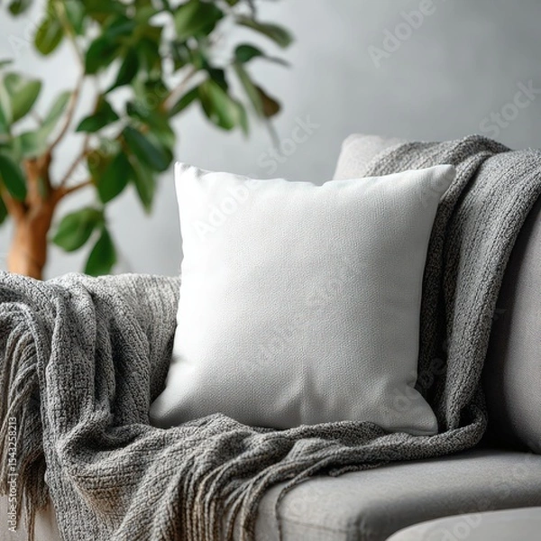 Fototapeta A cozy seating area showcasing a white cushion on a gray sofa with a patterned blanket. Complemented by lush green plants and natural wooden furniture, creating a serene and inviting ambiance.