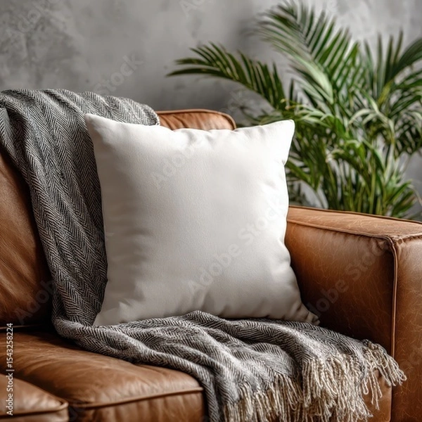 Fototapeta A cozy seating area showcasing a white cushion on a gray sofa with a patterned blanket. Complemented by lush green plants and natural wooden furniture, creating a serene and inviting ambiance.