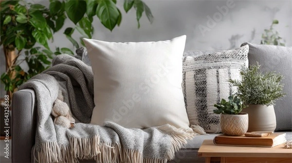 Fototapeta A cozy seating area showcasing a white cushion on a gray sofa with a patterned blanket. Complemented by lush green plants and natural wooden furniture, creating a serene and inviting ambiance.