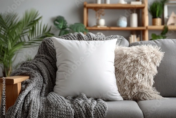 Fototapeta A cozy seating area showcasing a white cushion on a gray sofa with a patterned blanket. Complemented by lush green plants and natural wooden furniture, creating a serene and inviting ambiance.