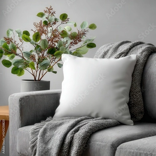 Fototapeta A cozy seating area showcasing a white cushion on a gray sofa with a patterned blanket. Complemented by lush green plants and natural wooden furniture, creating a serene and inviting ambiance.