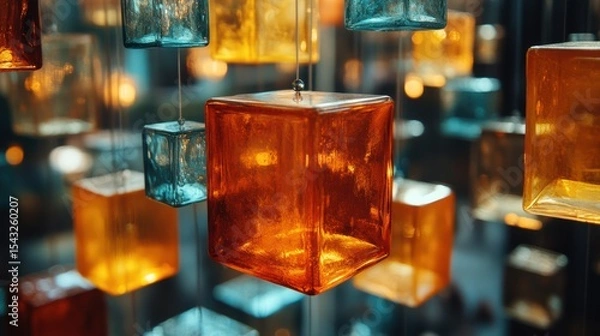 Fototapeta Warm light reflects from hanging decorative glass cubes in hues of amber blue and gold casting interesting shadows