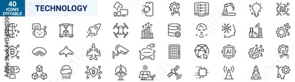 Fototapeta Technology web line icons. Artificial intelligence line icons. Ai, digital, brain, chip.