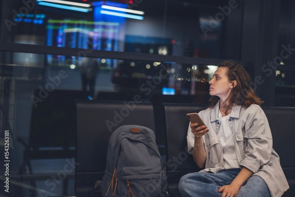 Fototapeta Female passenger waiting for flight at airport at night lounge and using smart phone