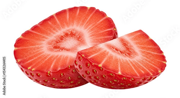 Fototapeta Close-up of two sliced ripe strawberries isolated against a black background