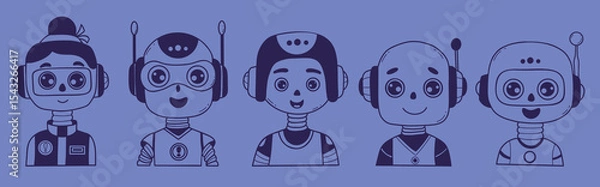 Fototapeta Cute Chatbot Face, Robot, girl, Assistant AI character set. Vector hand drawing doodles. Isolated Avatar for tech support, security, chatbot, futuristic design. Not AI