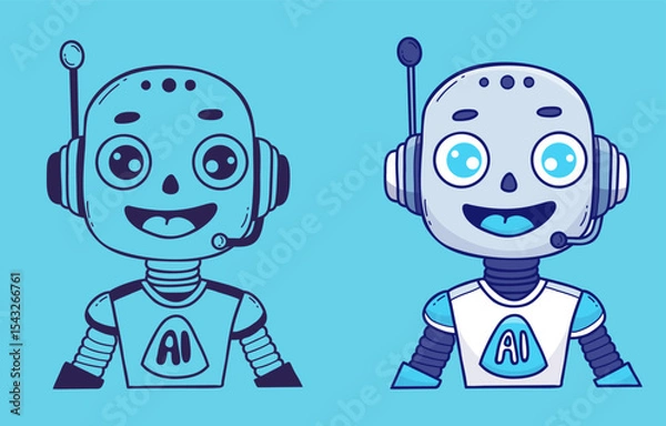 Fototapeta Face Chatbot Robot, Assistant AI. Virtual character set. Vector color and doodle hand drawing. Isolated Avatar for tech, chatbot, futuristic design. Not AI