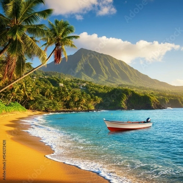 Fototapeta Tropical Summer Beach with Palm Trees, Clear Water, and Mountain View.