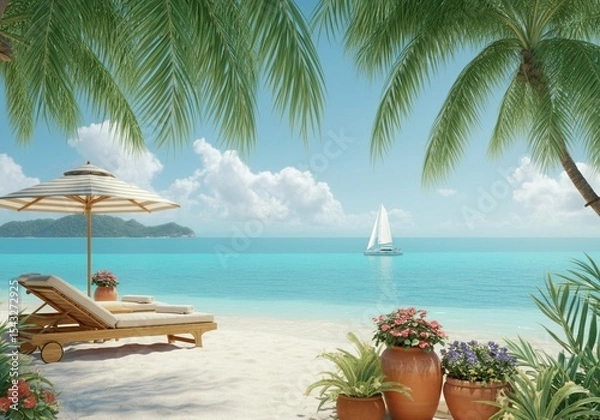 Fototapeta Tropical Summer Beach with Umbrellas, Lounge Chairs, and Sailboat View.
