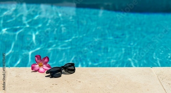Fototapeta Summer Poolside Vibes with Sunglasses and Tropical Flower.