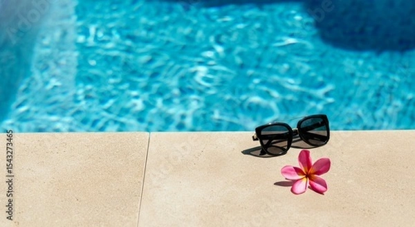 Fototapeta Summer Poolside Vibes with Sunglasses and Tropical Flower.