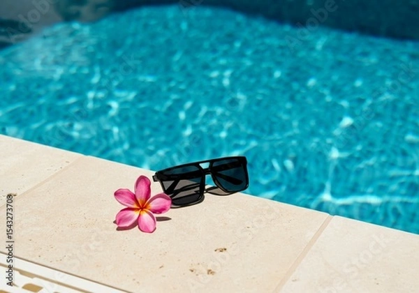 Fototapeta Summer Poolside Vibes with Sunglasses and Tropical Flower.