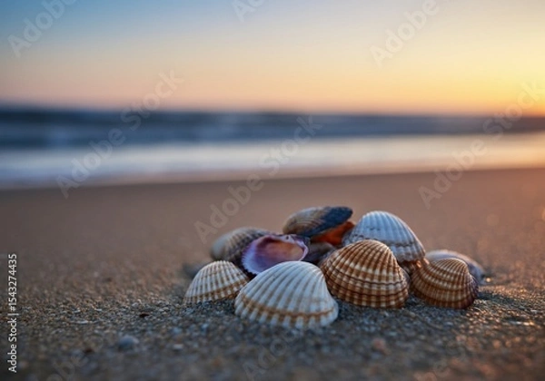 Fototapeta Colorful Seashells on Sandy Beach at Sunset – Summer Coastal Vibes.