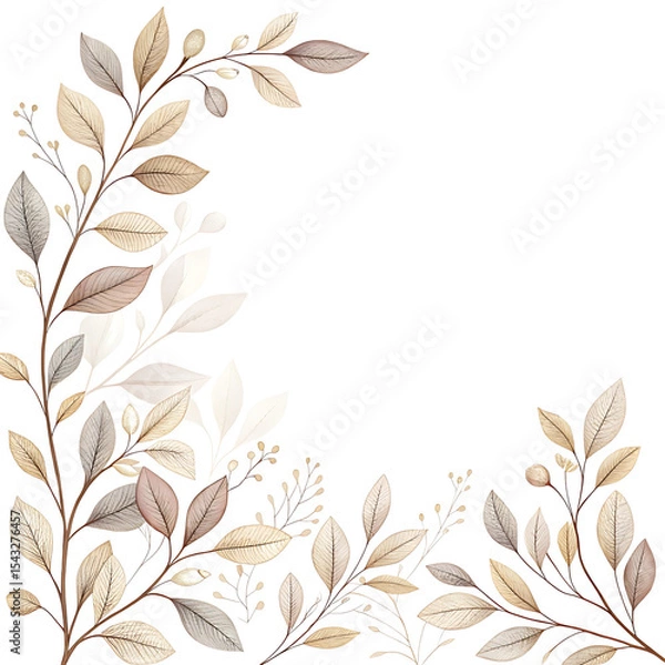 Obraz Beige and brown watercolor leaves corner border isolated on transparent background