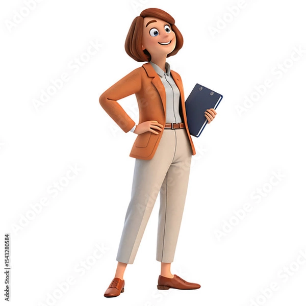 Obraz Smiling cartoon businesswoman holding clipboard isolated on transparent background