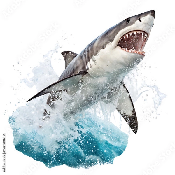 Obraz Great white shark leaping ocean wave isolated on transparent background