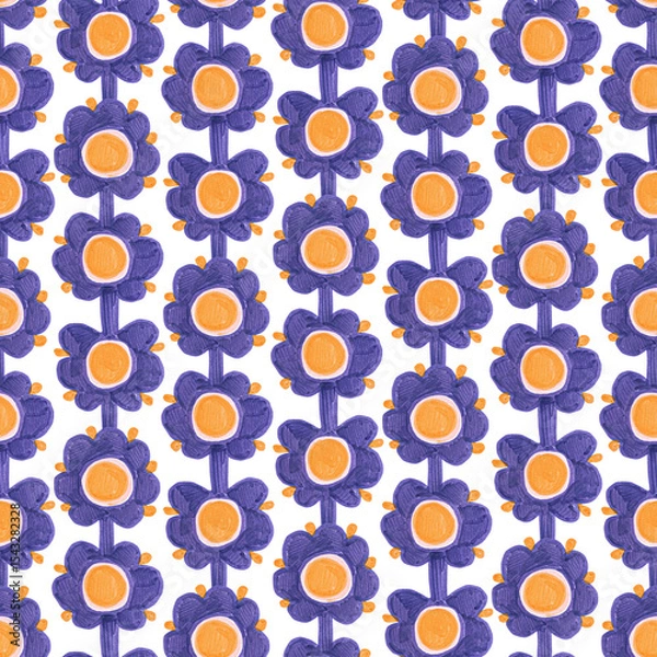 Fototapeta Seamless floral pattern with violet and orange daisy-like flowers. Bold strokes and marker texture. Hand-drawn look with playful symmetry. Acrylic marker illustration.