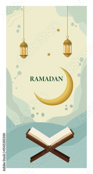Obraz Tranquil Islamic Illustration with Crescent Moon, Holy Book, and Lanterns-03