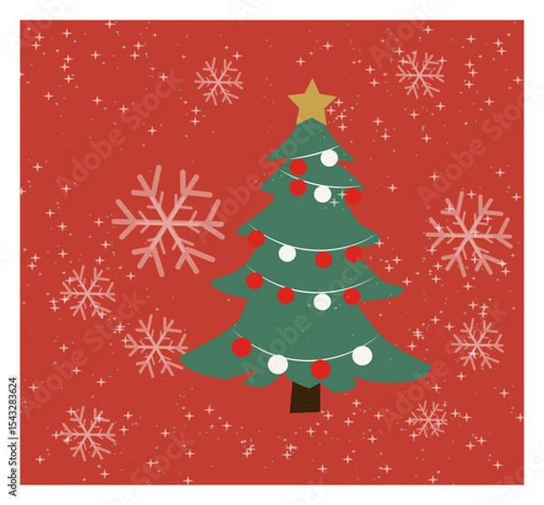 Obraz Whimsical Merry Christmas Illustration with Decorated Tree and Snowflakes-02