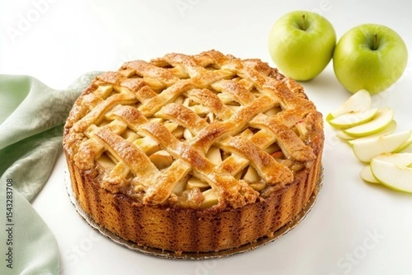 Obraz Close-up of a homemade apple crumble bar with juicy apple chunks and golden streusel topping. Surrounded by fresh apples and a soft green cloth for a cozy, rustic autumn vibe. Copy space. Banner