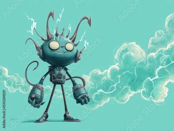 Fototapeta A whimsical, mechanical character stands amidst clouds.