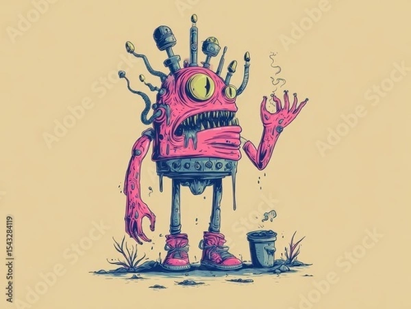 Fototapeta Pink, grotesque robot figure with a smoking object.
