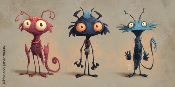 Fototapeta Three whimsical creature designs displayed against a neutral backdrop.