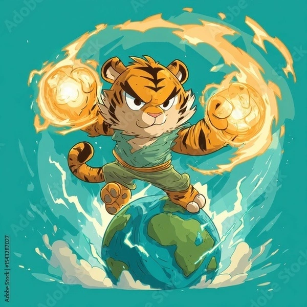 Fototapeta Tiger character standing on a globe, firing energy blasts.