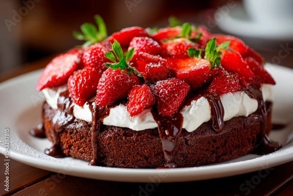 Fototapeta A chocolate cake layered with whipped cream and fresh strawberries sits invitingly on a plate in a cafe. The rich dessert glistens under soft lighting, surrounded by a warm atmosphere
