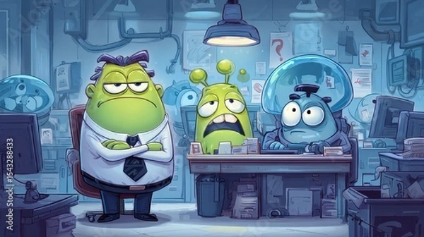 Fototapeta A group of alien office workers in a futuristic workplace.