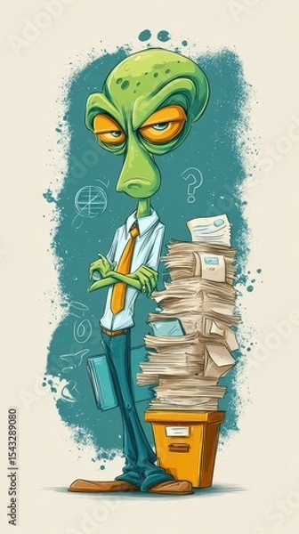 Fototapeta A grumpy, alien office worker overwhelmed by paperwork.