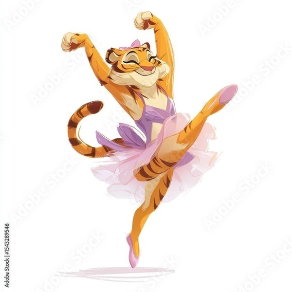 Fototapeta A playful tiger, in a tutu, gracefully leaping in a ballet pose.