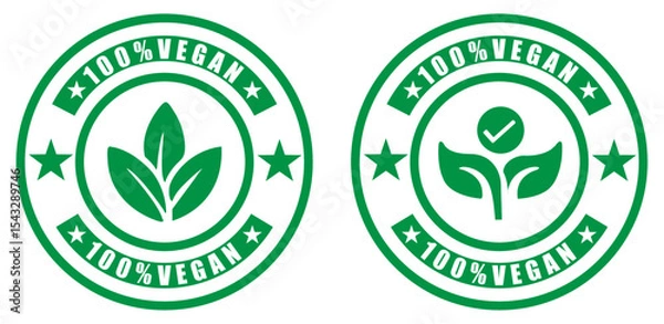Obraz Two green vegan labels with leaves and stars indicating a product is one hundred percent vegan. Vegan label badge with clean design. Product label with vegan text and stars
