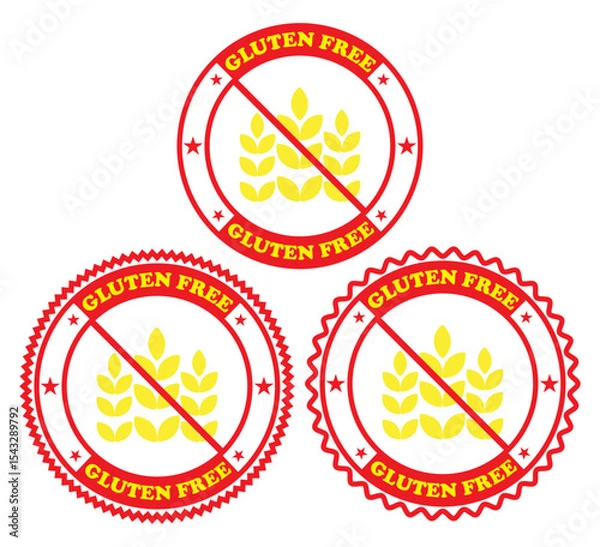 Obraz Three gluten free seals with red circles and yellow wheat on a white isolated background image. Gluten free badges with bold icons. No gluten symbols for dietary tags