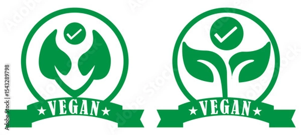 Obraz Two green vegan certified labels with leaves and check marks in circles on a white background. Vegan certification logo with green design. Organic food tag with plant emblem