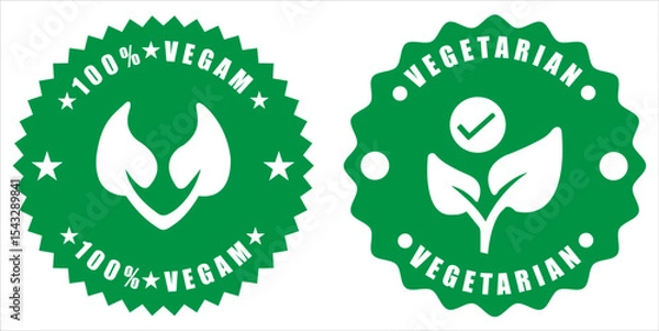 Obraz Two green badges with vegan and vegetarian labels and leaf icons on a white background. Vegan emblem for eco packaging. Round eco label with leaf symbols. Natural food badge with green print