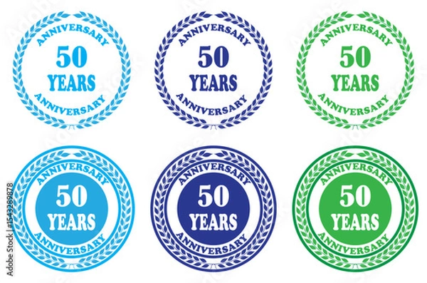 Obraz A collection of anniversary seals in various colors celebrating fifty years of service or milestones. Blue and green 50 years anniversary badges. Classic design for 50th celebration icons