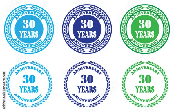 Obraz Collection of thirty year anniversary seals in blue green and navy on a white background. Blue and green 30 years anniversary badges. Set of round anniversary logo emblems