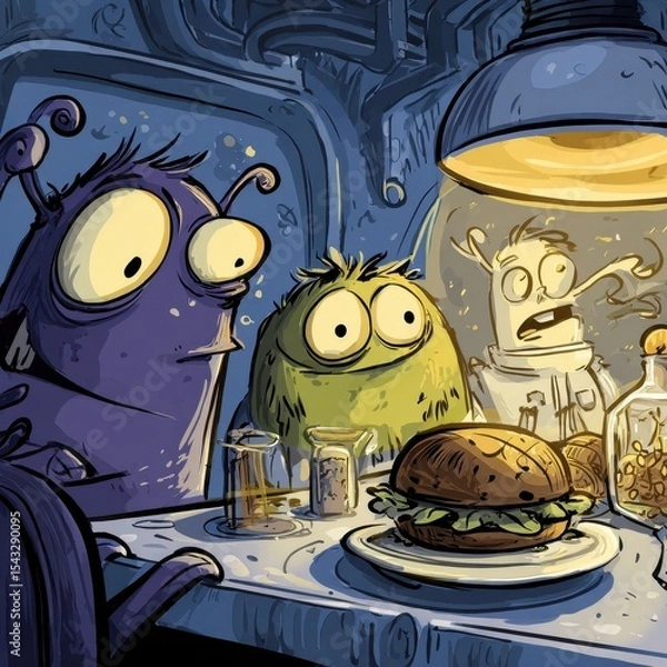 Fototapeta Friendly creatures gathered around a table, sharing a meal.