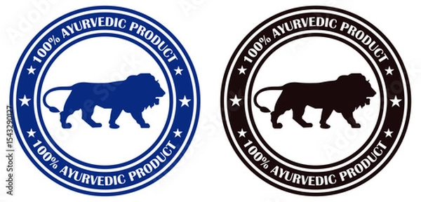 Obraz Two circular seals with lions and text stating one hundred percent ayurvedic product design. Certification mark for ayurvedic goods. Lion icon design for herbal branding