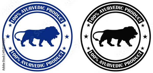 Obraz 100% ayurvedic logos in black and blue. Two circular logos featuring a lion silhouette and text indicating ayurvedic product certification. Ayurvedic lion badge for product labels