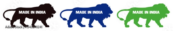 Obraz Three lions in different colors with made in india text on each lion silhouette on white background. Three lion logos for made in india. Patriotic lion icons in color set