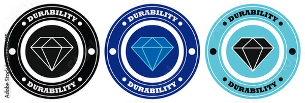 Obraz Three durability icons each featuring a diamond shape and circular border in different color schemes. Durability badges with diamond symbols.  Set of product labels for strength rating