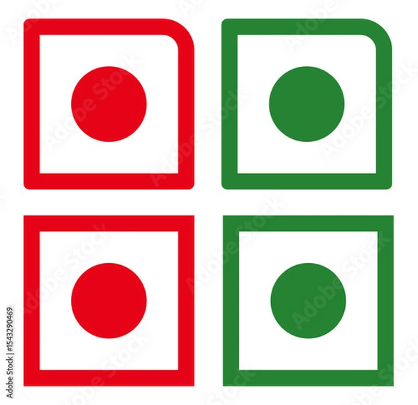 Obraz A visual representation of dietary symbols featuring red and green circles within square designs icons food. Signal icons with colored circles. Red and green traffic square signs